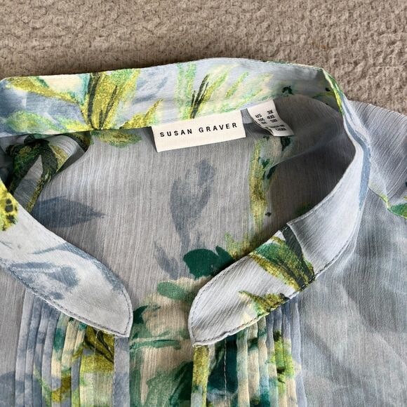 Susan Graver Blouse 3X Blue Green Sheer V Neck Pleated Long Sleeve QVC Flowy - Picture 4 of 14